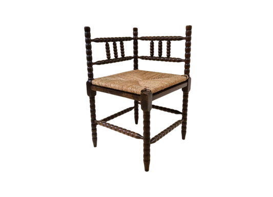 Antique French Bobbin oak wood corner chair with woven wicker seat