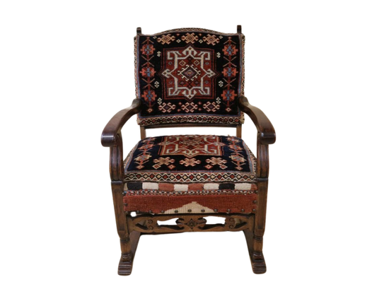 19th Century Oak Carved Armchair with Hand-Knotted Persian Wool Fabric