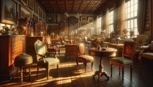 warmly lit room featuring unique antique furniture and decorative collectibles in inviting tones
