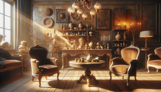 warmly lit living room with vintage chairs, ornate table, and unique decorative pieces