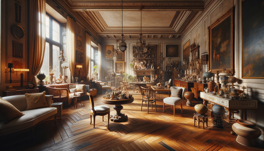 sunlit room with unique vintage chairs, tables, and decorative collectibles in warm tones