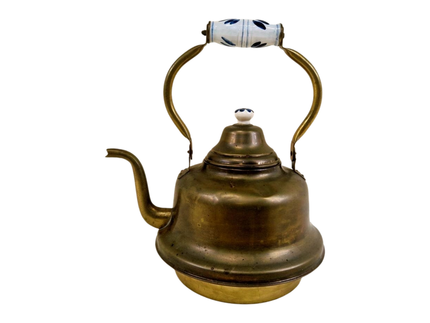 Antique Brass Kettle with White Blue Ceramic Handle - Dutch Vintage Kitchenware, Country Farmhouse Decor