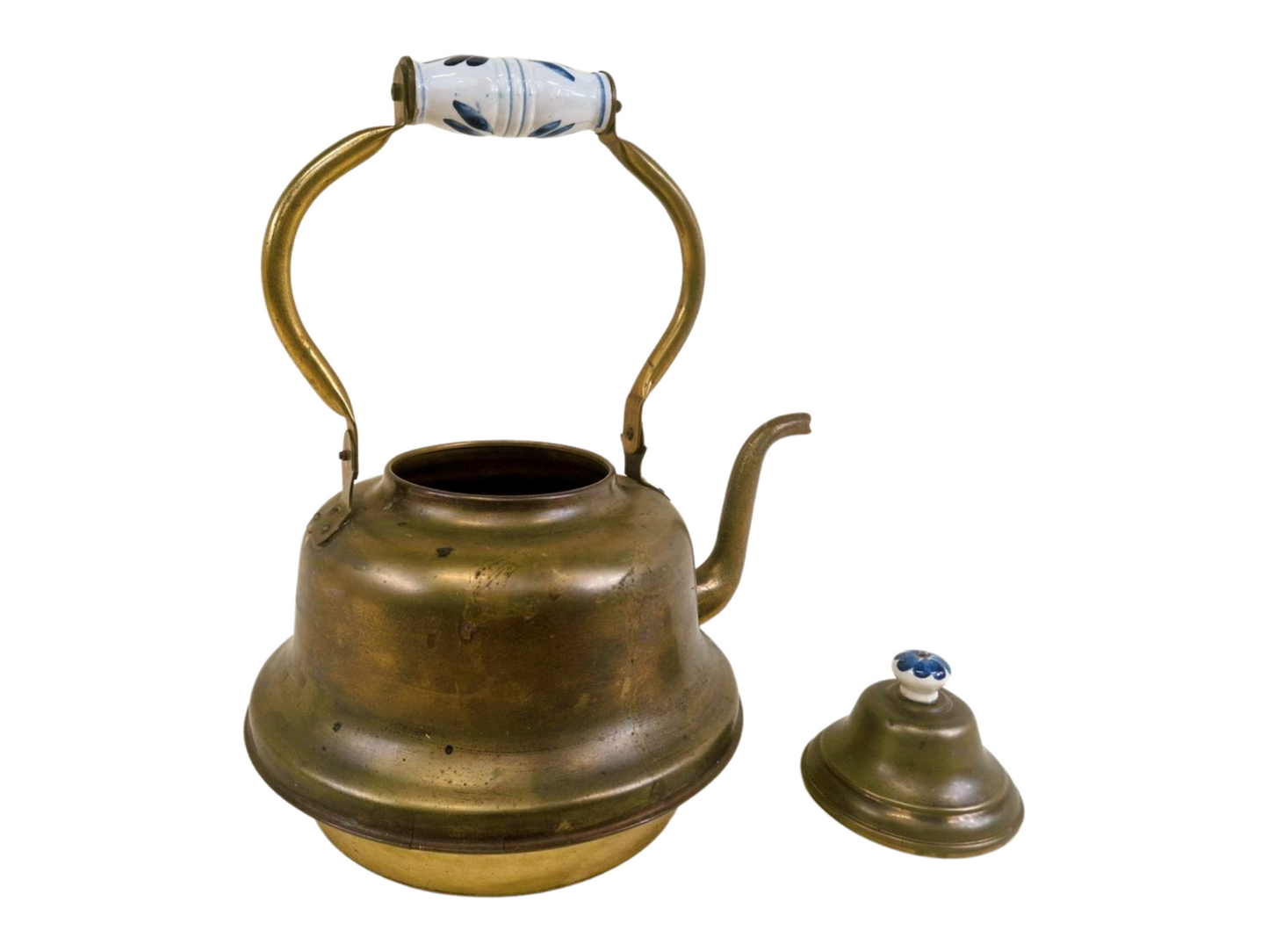 Antique Brass Kettle with White Blue Ceramic Handle - Dutch Vintage Kitchenware, Country Farmhouse Decor