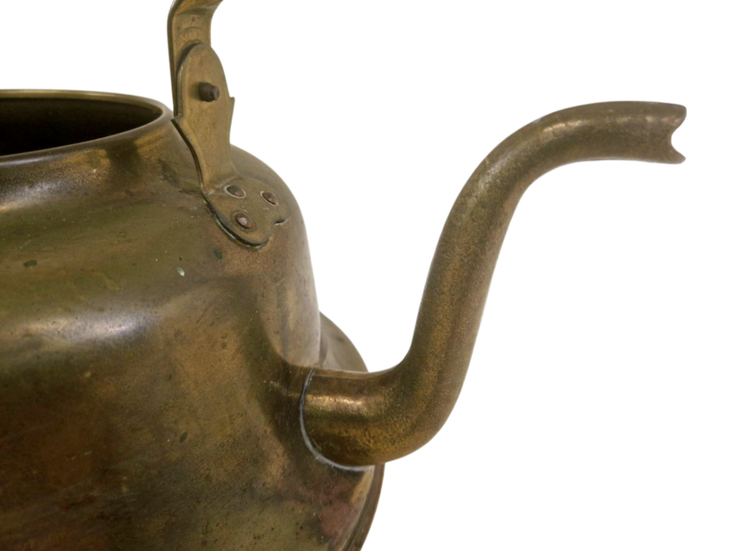 Antique Brass Kettle with White Blue Ceramic Handle - Dutch Vintage Kitchenware, Country Farmhouse Decor