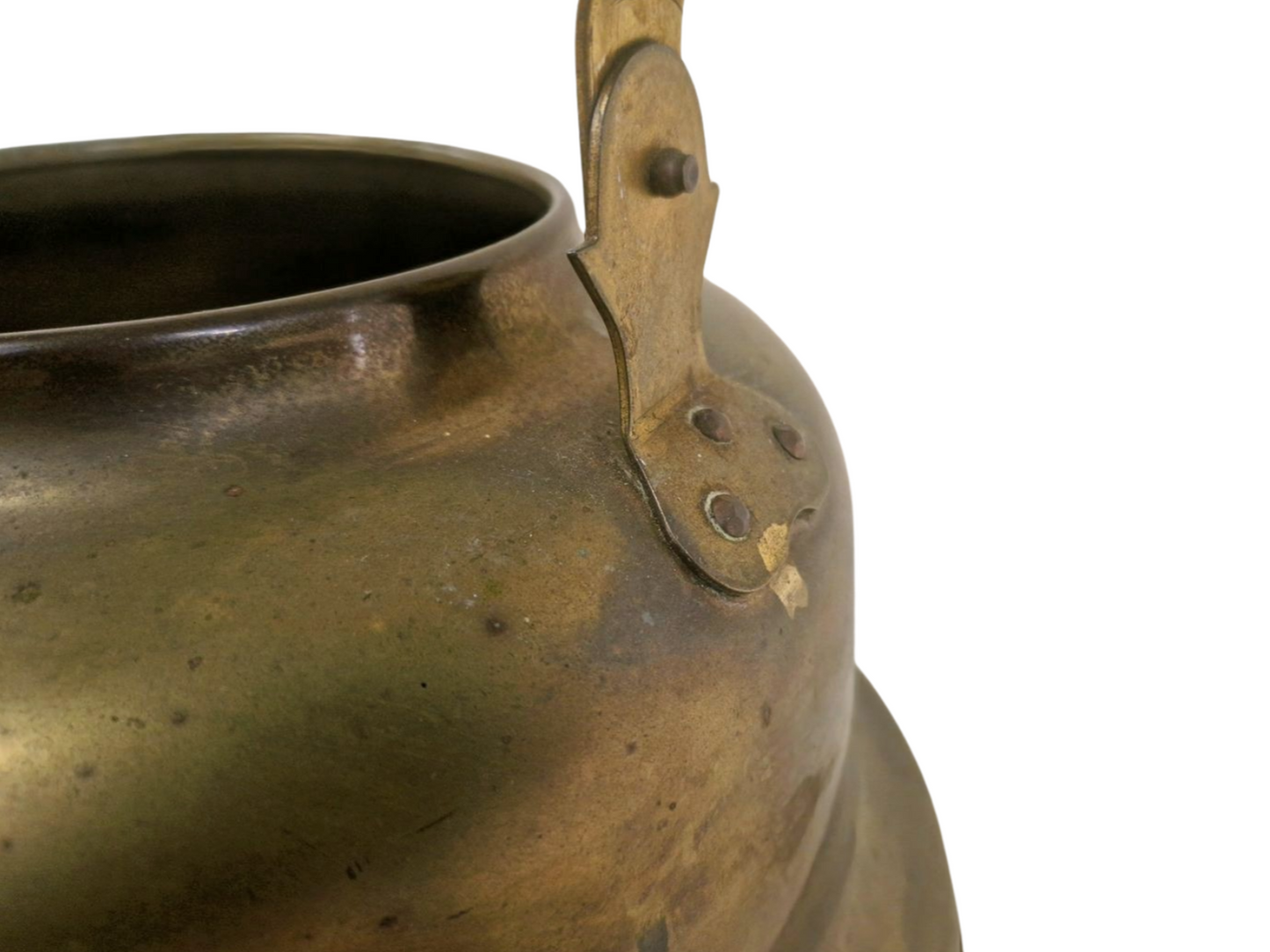 Antique Brass Kettle with White Blue Ceramic Handle - Dutch Vintage Kitchenware, Country Farmhouse Decor