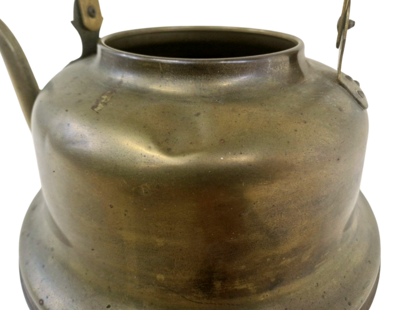 Antique Brass Kettle with White Blue Ceramic Handle - Dutch Vintage Kitchenware, Country Farmhouse Decor