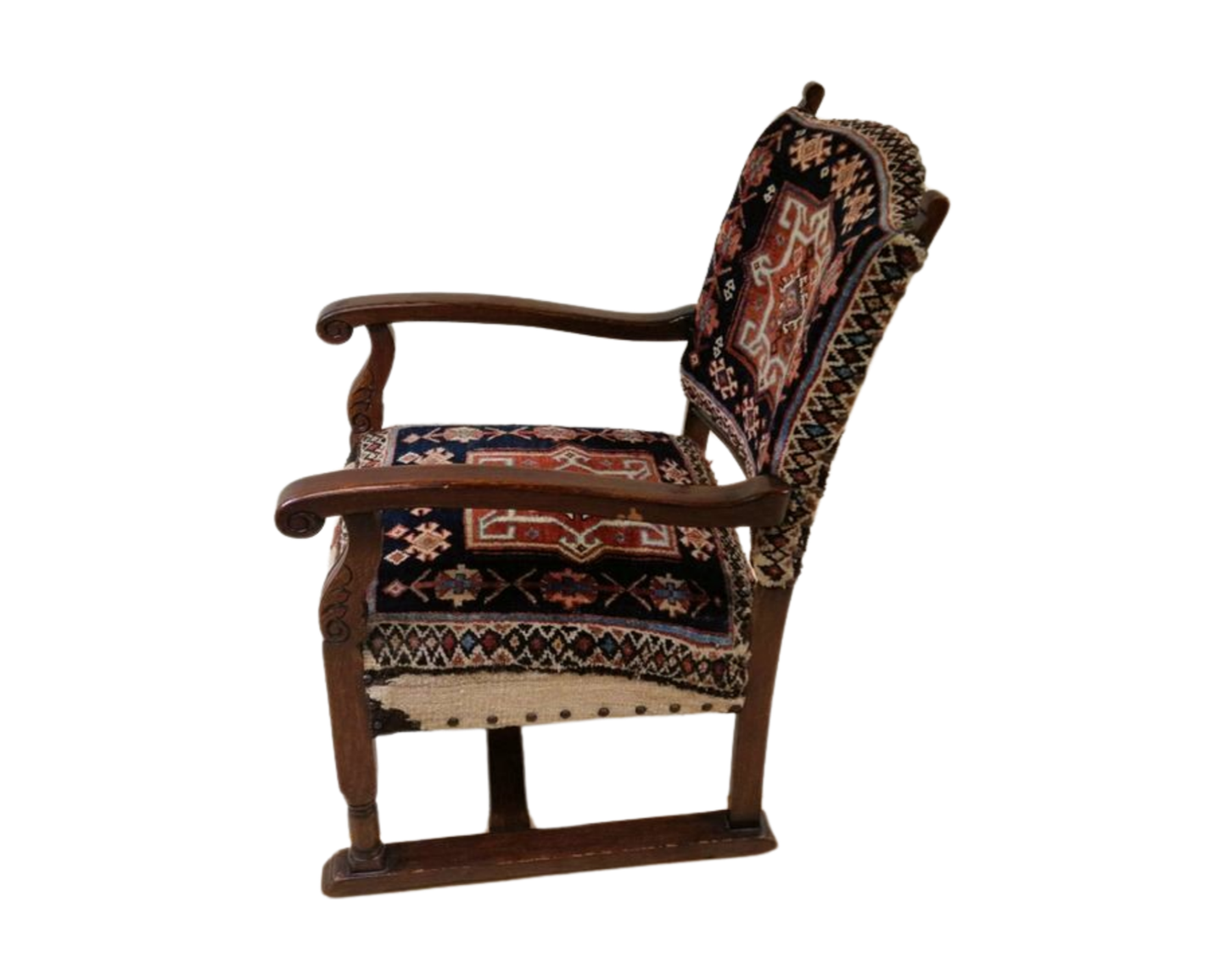 19th Century Oak Carved Armchair with Hand-Knotted Persian Wool Fabric