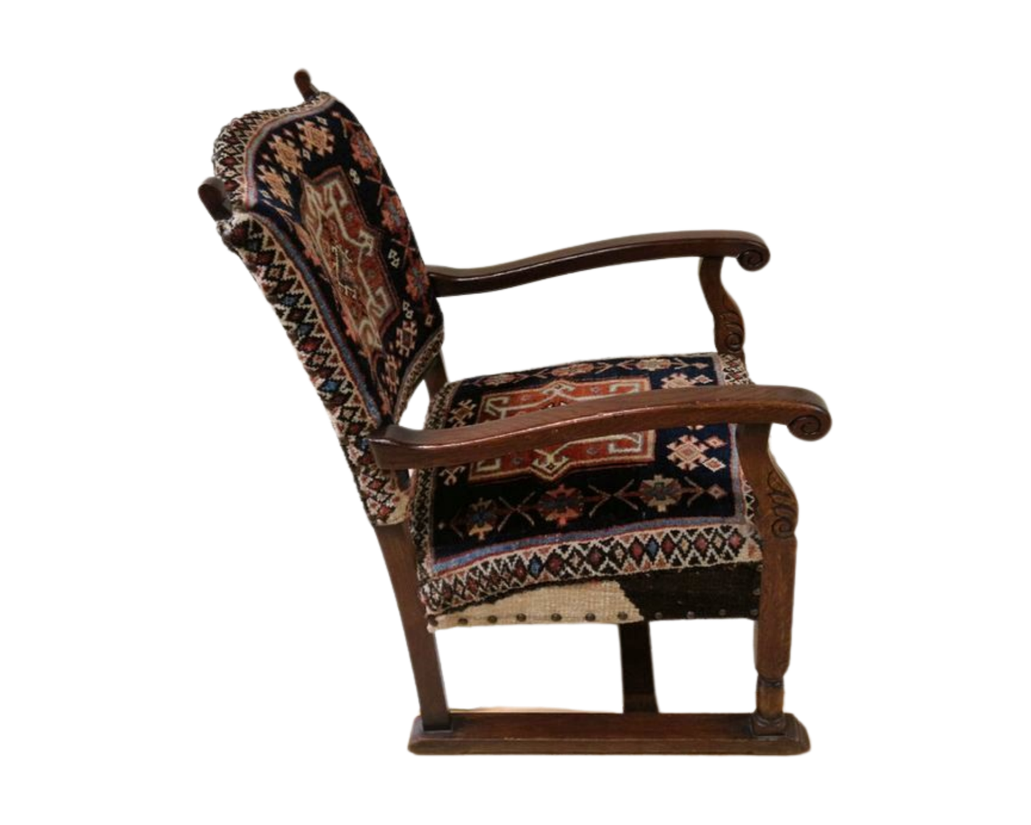 19th Century Oak Carved Armchair with Hand-Knotted Persian Wool Fabric