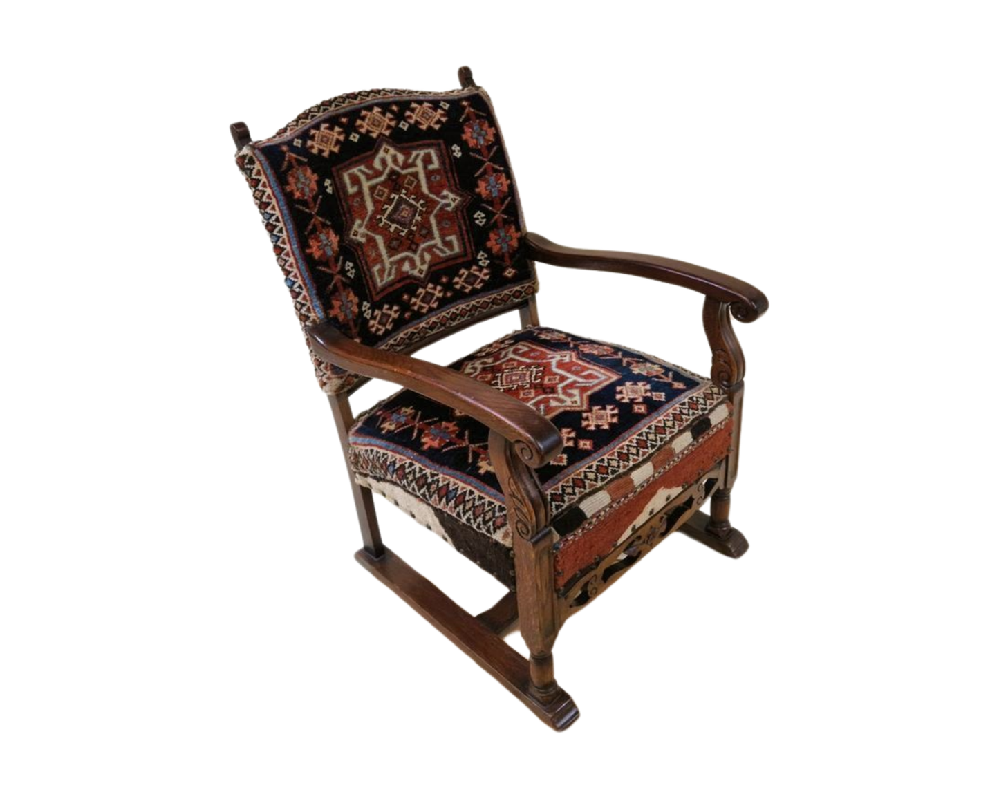 19th Century Oak Carved Armchair with Hand-Knotted Persian Wool Fabric