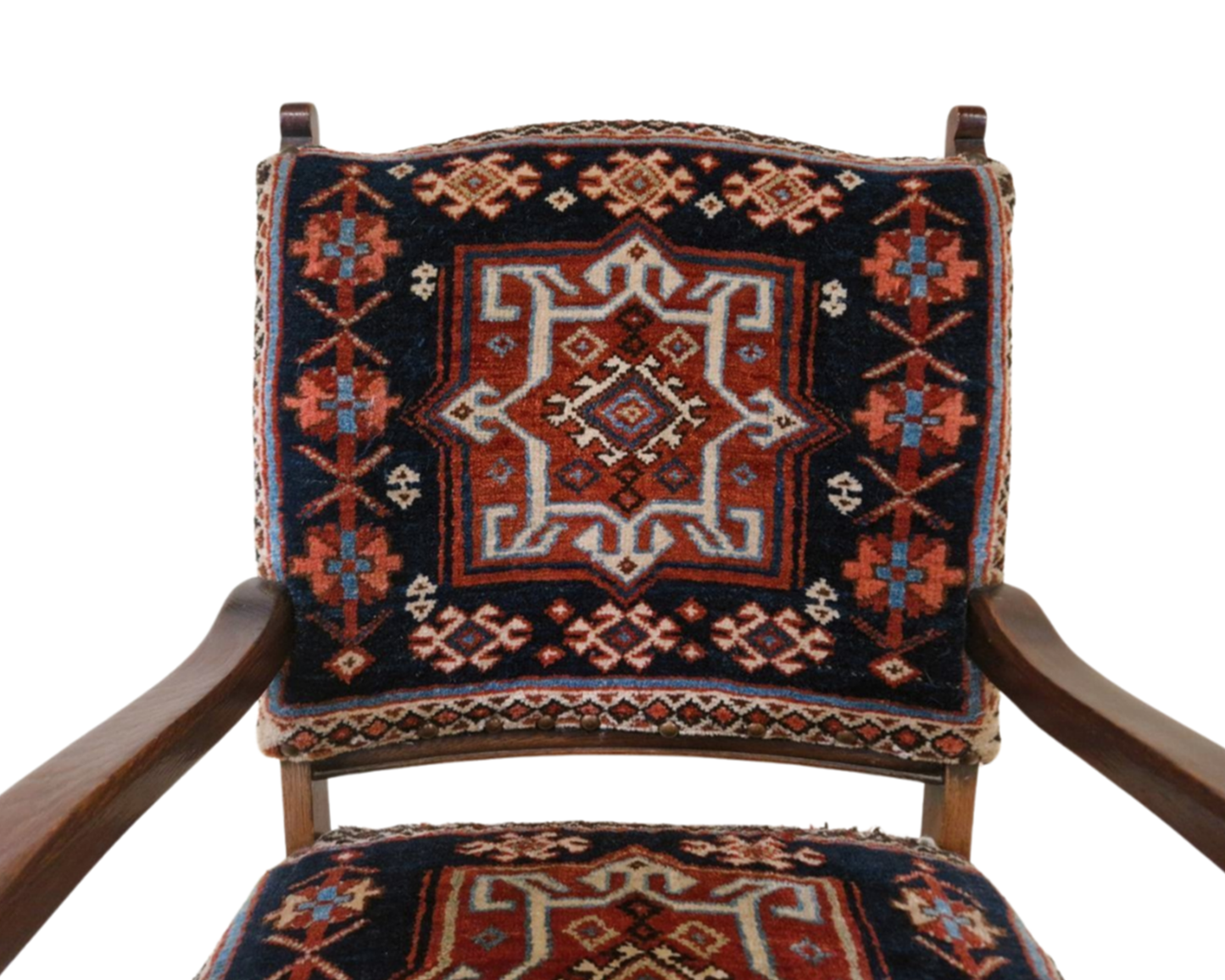 19th Century Oak Carved Armchair with Hand-Knotted Persian Wool Fabric