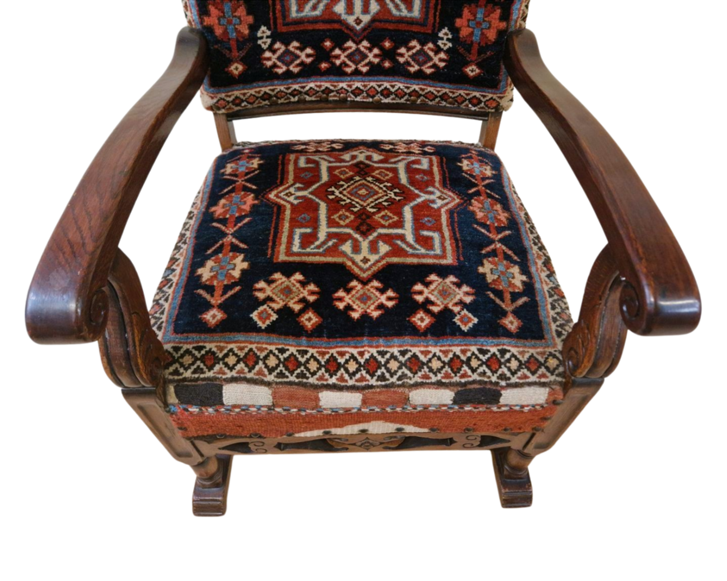 19th Century Oak Carved Armchair with Hand-Knotted Persian Wool Fabric
