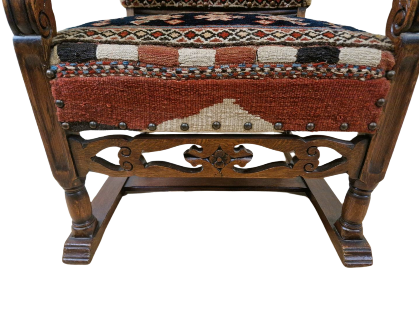 19th Century Oak Carved Armchair with Hand-Knotted Persian Wool Fabric