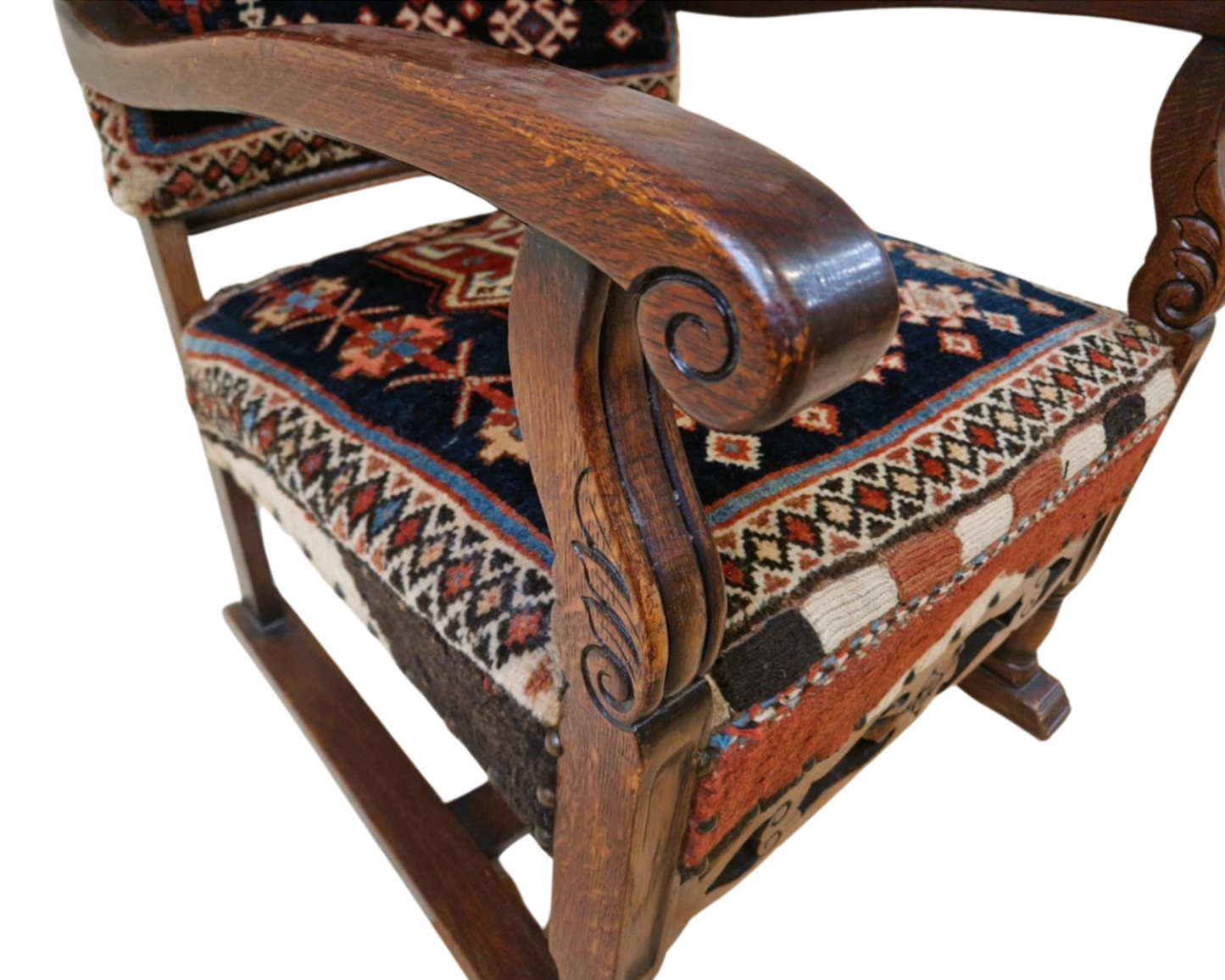 19th Century Oak Carved Armchair with Hand-Knotted Persian Wool Fabric