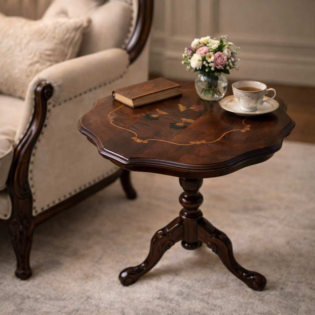 Antiek Frans bijzettafeltje van notenhout met ingelegde bloemen - Elegant vintage hardhouten nachtkastje - Plantentafel