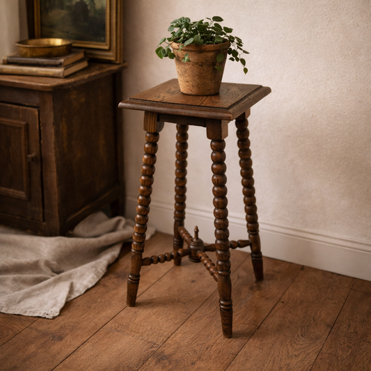 Rustic French Plant Stand with Turned Legs - Antique Side Table, Dark Brown Wooden Coffee Table, Country Home Decor