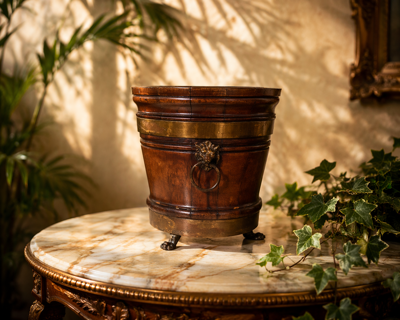 Antique mahogany Victorian jardiniere planter with brass lion ring handles circa 1850
