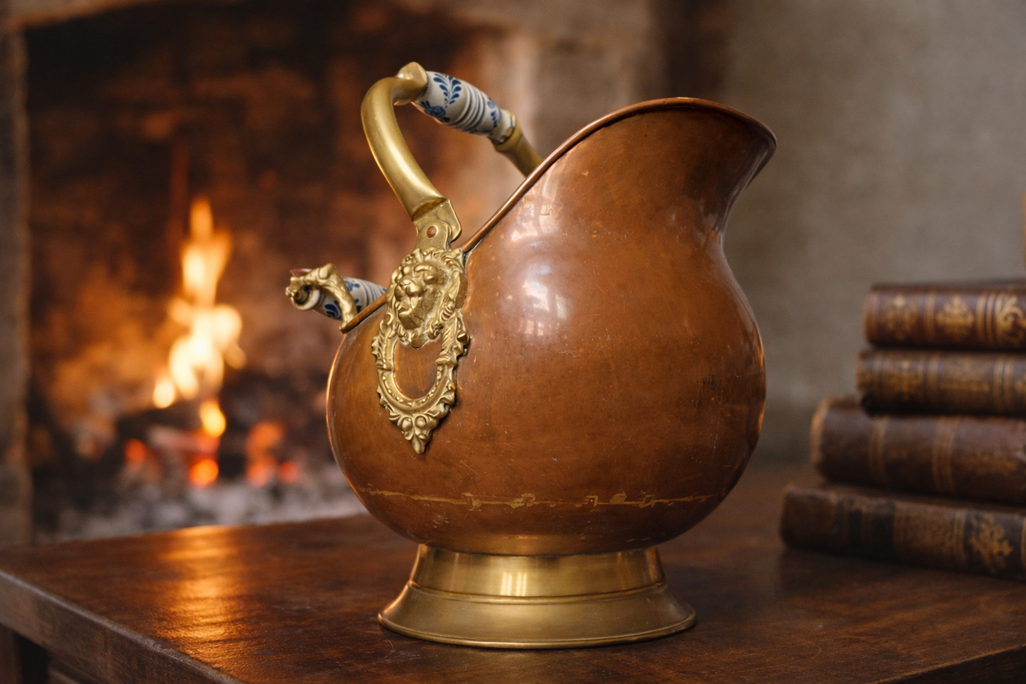 Antique Copper Coal Scuttle with Brass Lion Head – Victorian Fireplace Bucket – Vintage Coal Hod with Porcelain Handles