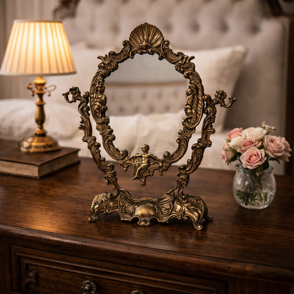 Antique Solid Brass French Mirror with Cherubs - Ornate Vintage Decor