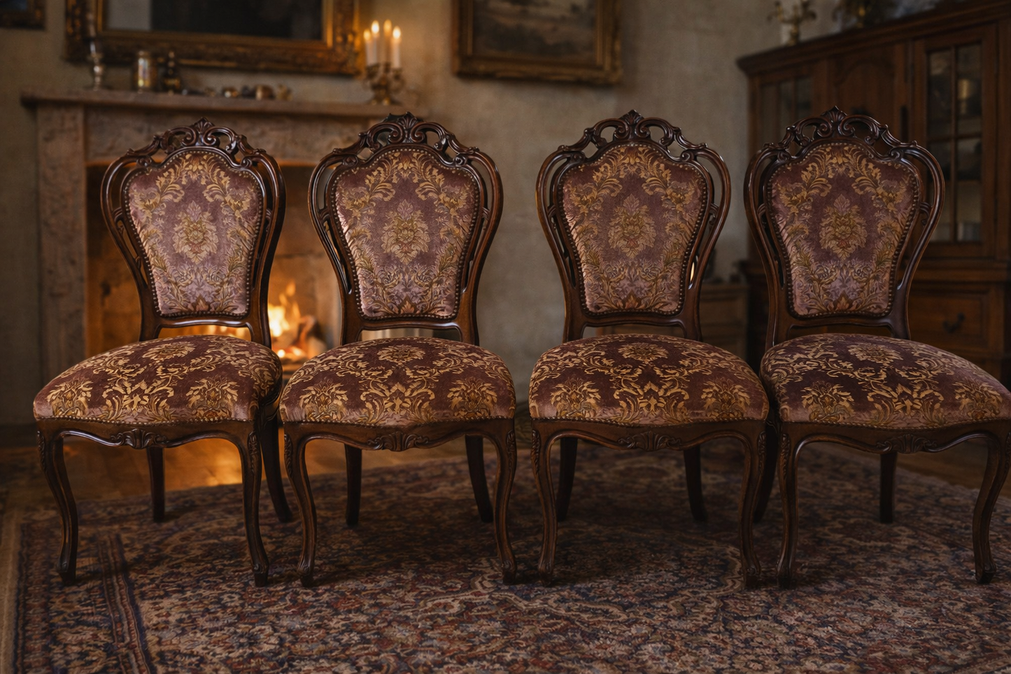 Antique French Baroque Dining Chairs with Beautiful Fabric