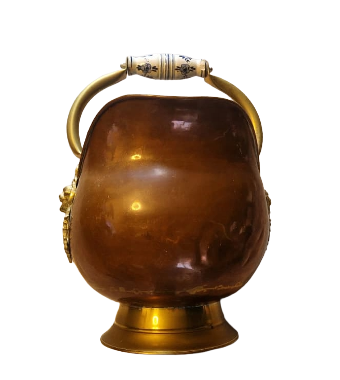Antique Copper Coal Scuttle with Brass Lion Head – Victorian Fireplace Bucket – Vintage Coal Hod with Porcelain Handles