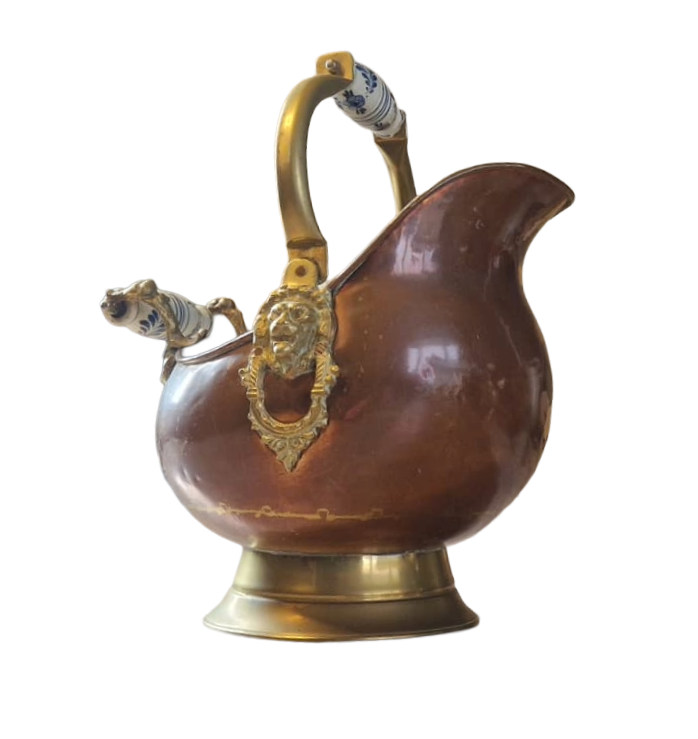Antique Copper Coal Scuttle with Brass Lion Head – Victorian Fireplace Bucket – Vintage Coal Hod with Porcelain Handles