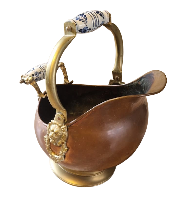 Antique Copper Coal Scuttle with Brass Lion Head – Victorian Fireplace Bucket – Vintage Coal Hod with Porcelain Handles