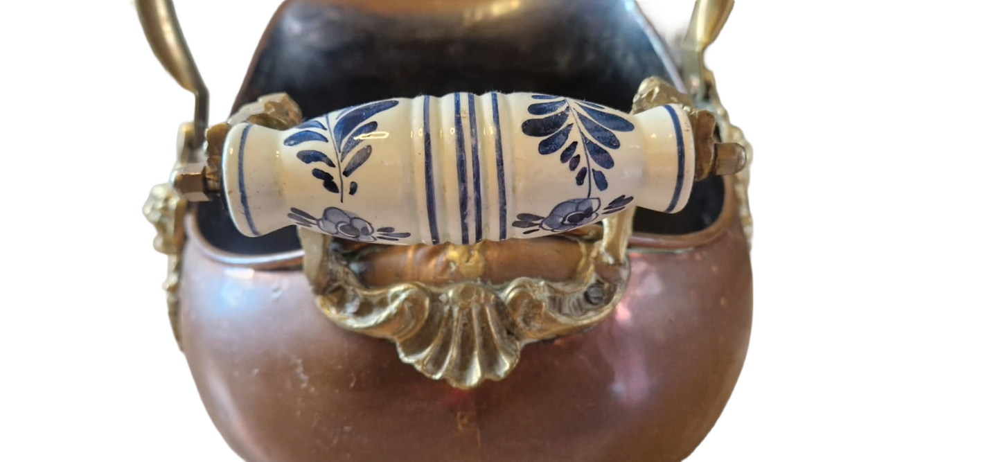 Antique Copper Coal Scuttle with Brass Lion Head – Victorian Fireplace Bucket – Vintage Coal Hod with Porcelain Handles