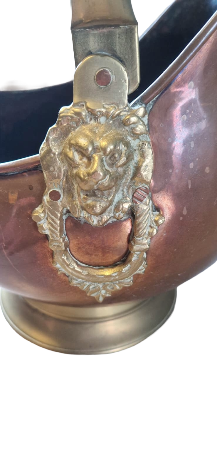 Antique Copper Coal Scuttle with Brass Lion Head – Victorian Fireplace Bucket – Vintage Coal Hod with Porcelain Handles