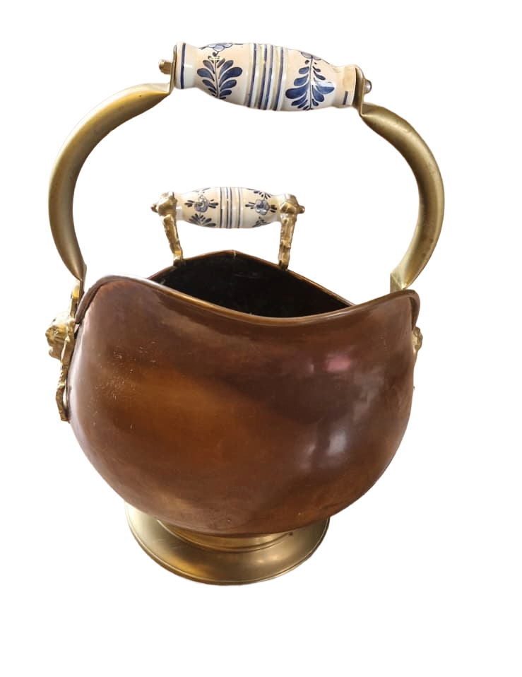 Antique Copper Coal Scuttle with Brass Lion Head – Victorian Fireplace Bucket – Vintage Coal Hod with Porcelain Handles