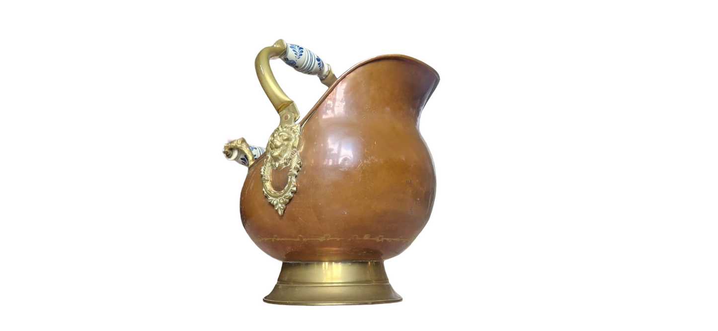 Antique Copper Coal Scuttle with Brass Lion Head – Victorian Fireplace Bucket – Vintage Coal Hod with Porcelain Handles