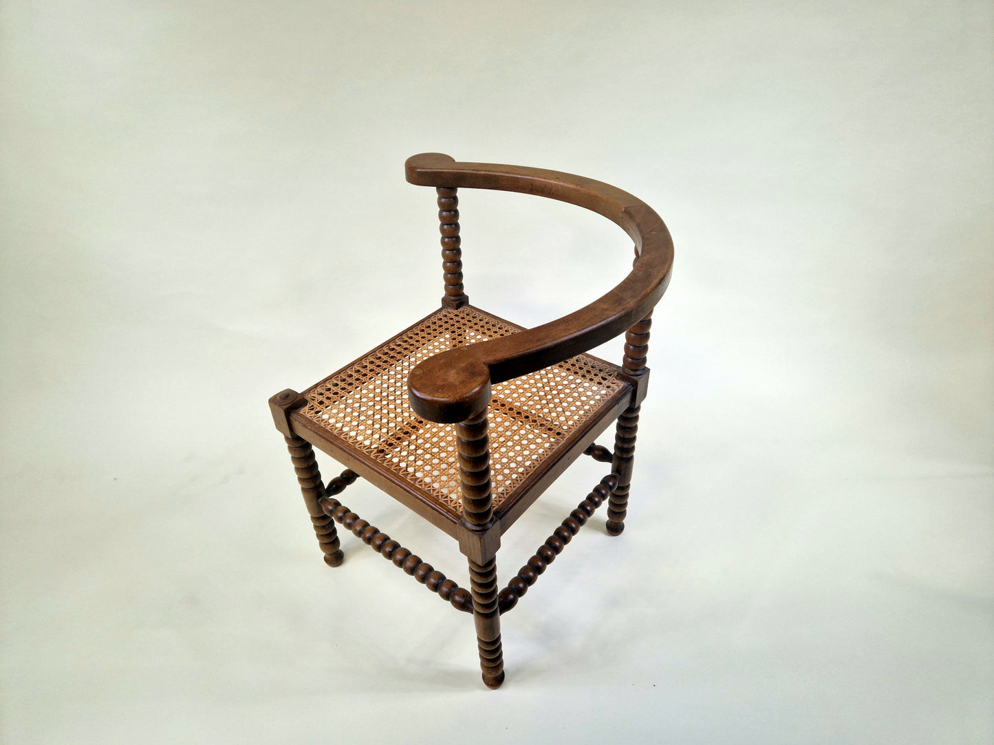 Antique French Bobbin Corner Chair from the 1920s with rattan seat