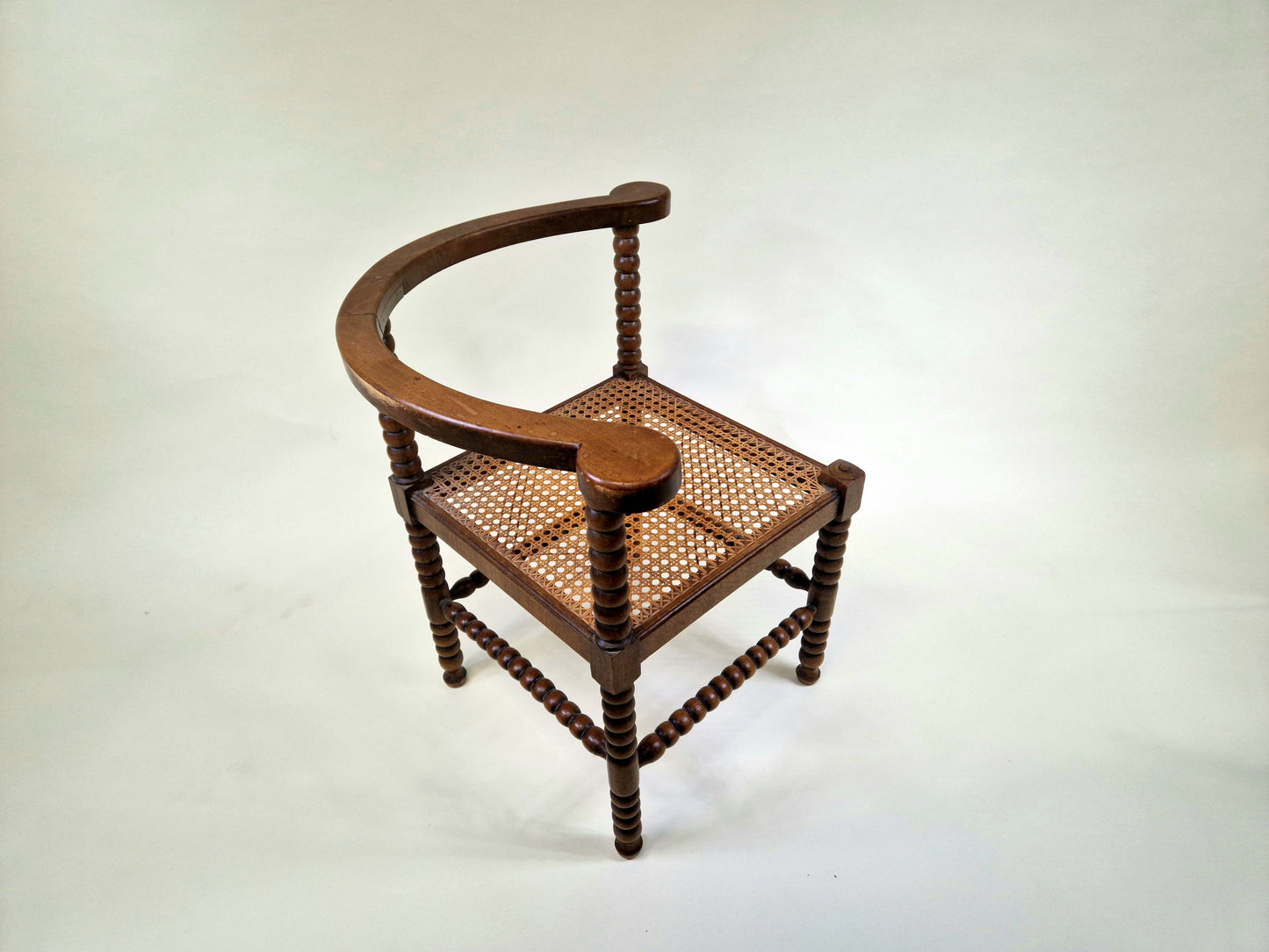 Antique French Bobbin Corner Chair from the 1920s with rattan seat