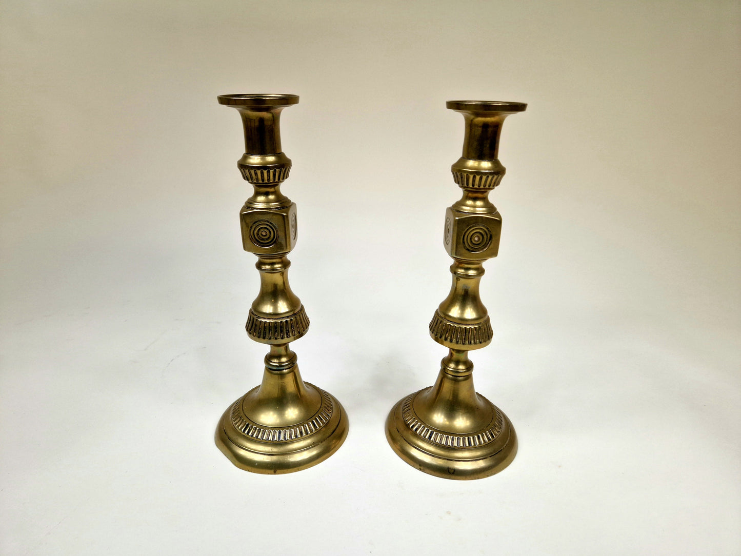 Antique Victorian Brass candle holders with Bullseye Design - Set of 2