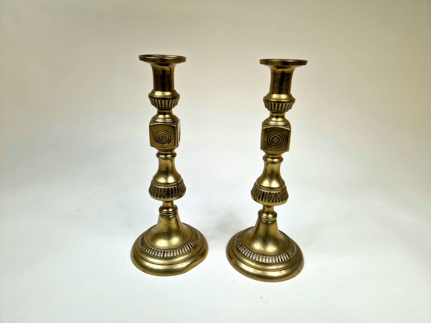 Antique Victorian Brass candle holders with Bullseye Design - Set of 2
