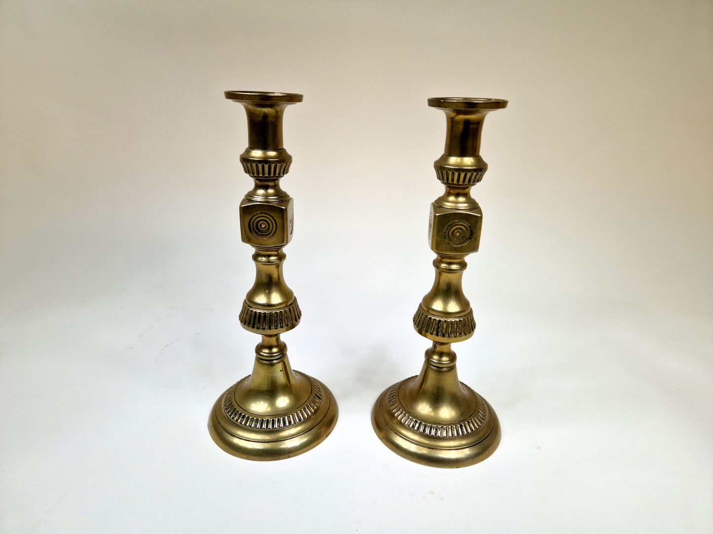 Antique Victorian Brass candle holders with Bullseye Design - Set of 2
