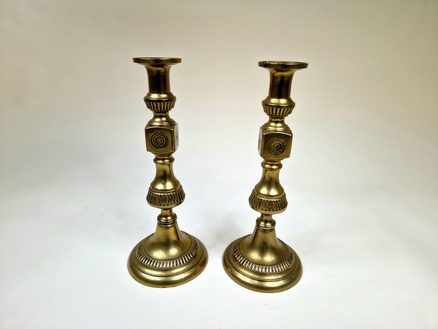 Antique Victorian Brass candle holders with Bullseye Design - Set of 2